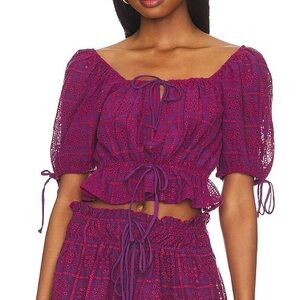 Ganni Sz XS (34) Embroidered Eyelet Resort Vacation Purple Pink Crop Top